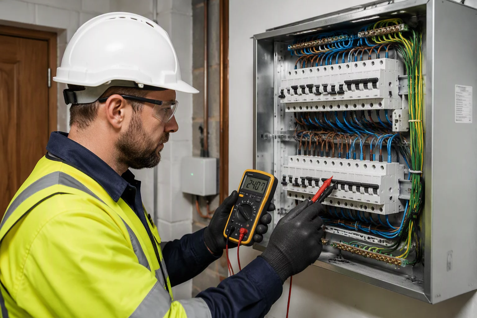 Certified electricians inspecting modern consumer unit panel